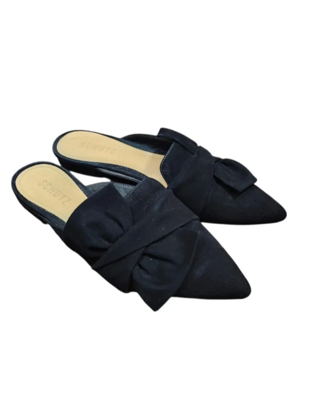 Schutz Black Suede Bow Pointed Toe Mule Flats Women’s Size 8.5B Leather